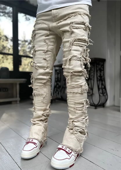 Patch Denim Straight-Leg Pants