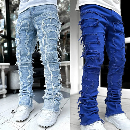 Patch Denim Straight-Leg Pants