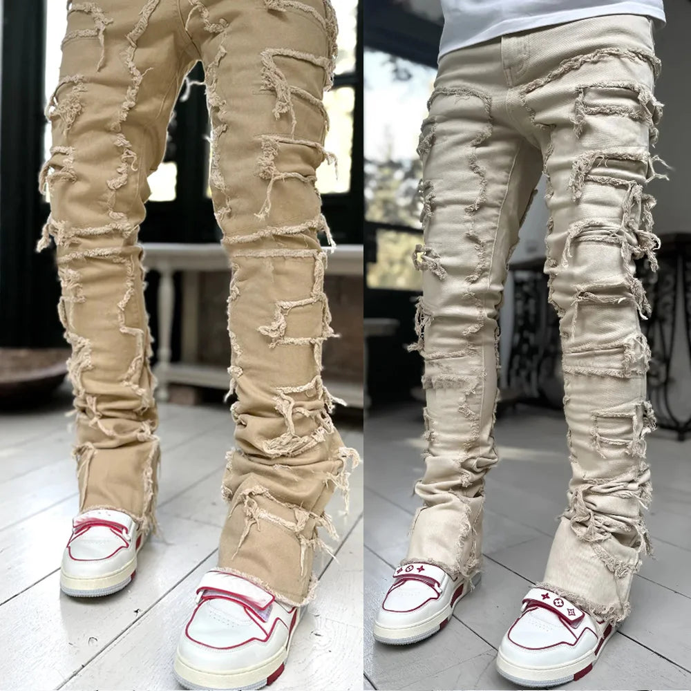 Patch Denim Straight-Leg Pants