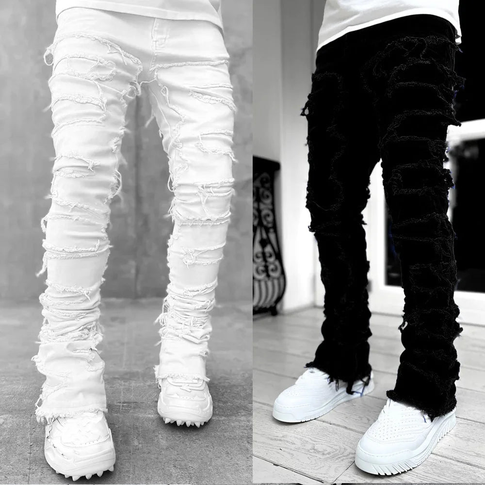 Patch Denim Straight-Leg Pants