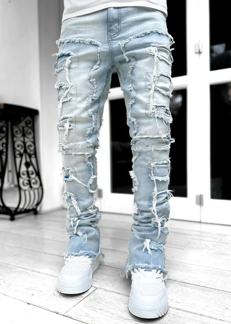 Patch Denim Straight-Leg Pants