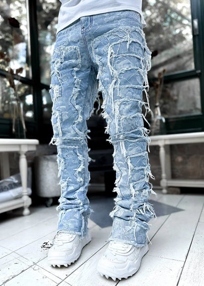 Patch Denim Straight-Leg Pants