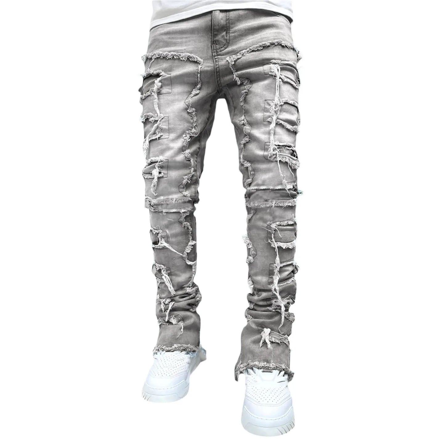 Patch Denim Straight-Leg Pants