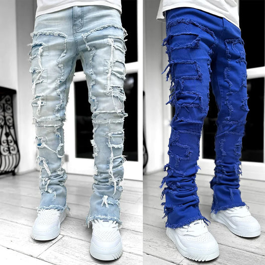 Patch Denim Straight-Leg Pants